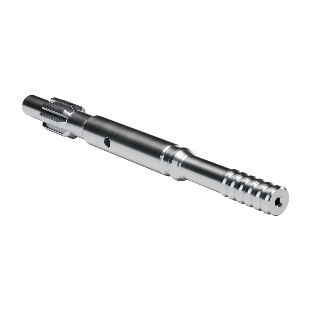 Brunner & Lay striking bar P108X for Atlas Copco / Epiroc drifters, 8 splines, external flush, male T38, 575 mm (render)