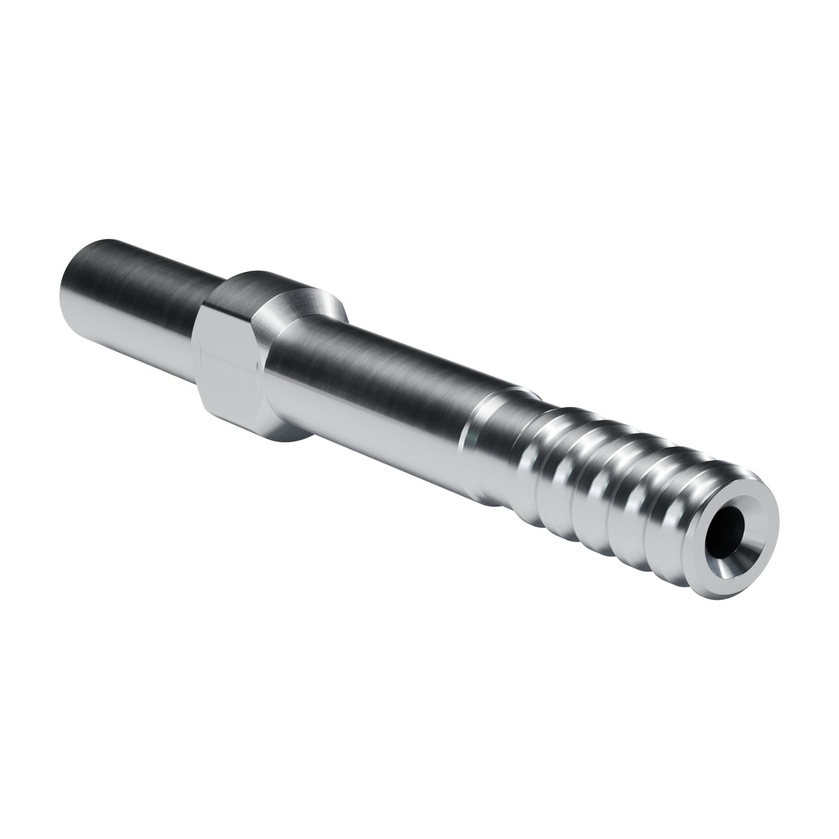 Brunner & Lay striking bar P24J for Chicago Pneumatic, Gardner Denver / Reedrill / Caterpillar, Ingersoll Rand drifters, 2 lugs, 14.3 mm blow tube, male T38, 333 mm (render)