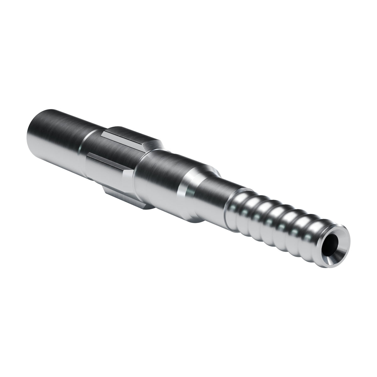 Brunner & Lay striking bar P36J for Atlas Copco / Epiroc, Chicago Pneumatic, Furukawa, Gardner Denver / Reedrill / Caterpillar, Ingersoll Rand, Mitsubishi, Sandvik / Tamrock, Toyo drifters, 4 lugs, 14.3 mm blow tube, male R32, 356 mm (render)