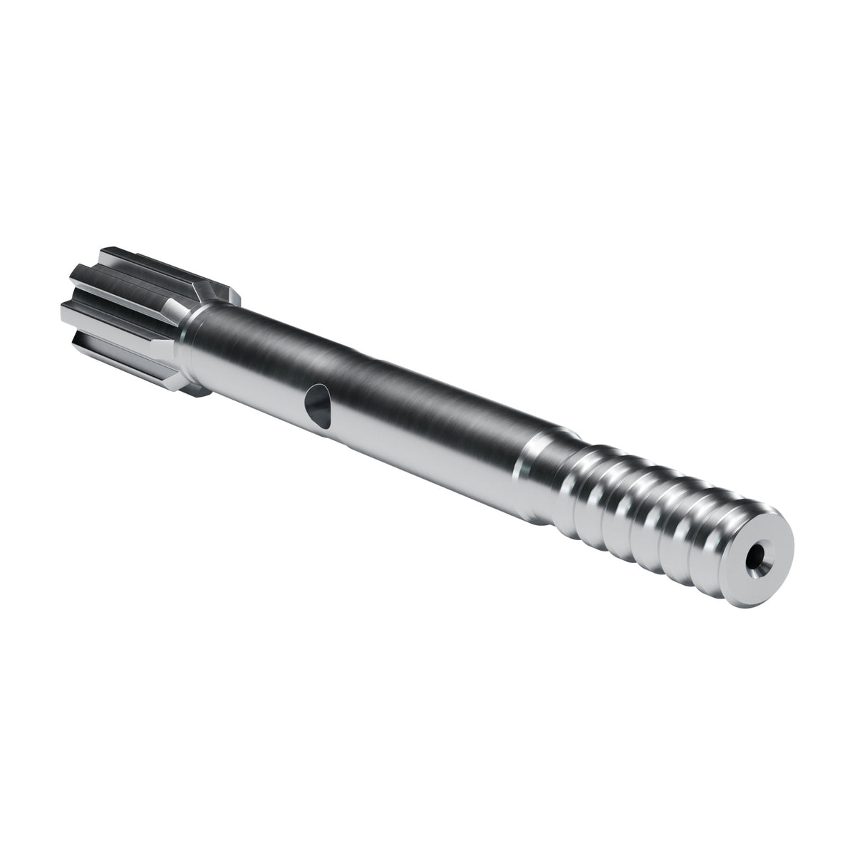 Brunner & Lay striking bar P46X for Atlas Copco / Epiroc drifters, 8 splines, external flush, male T38, 435 mm (render)