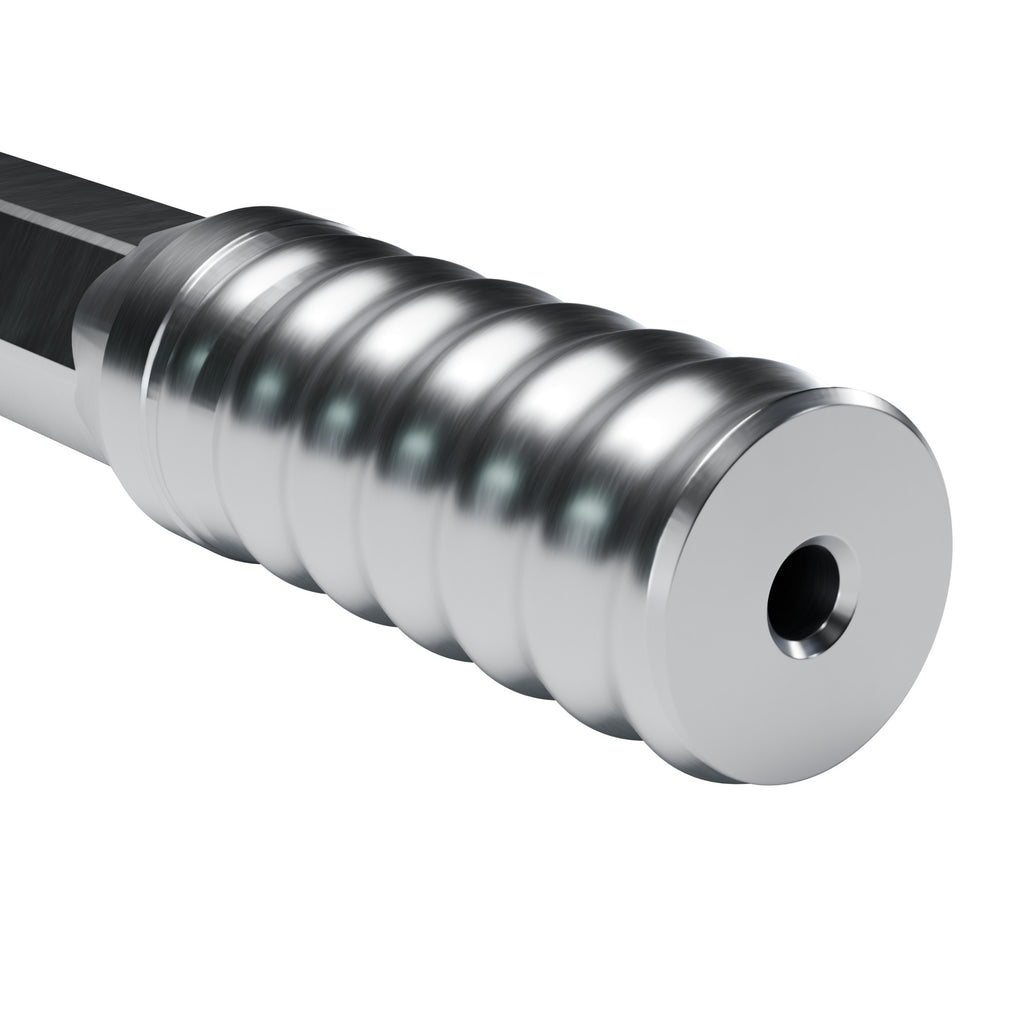 Rockmore R25 drifter rod, R38 drill end on 28 mm hex (render)