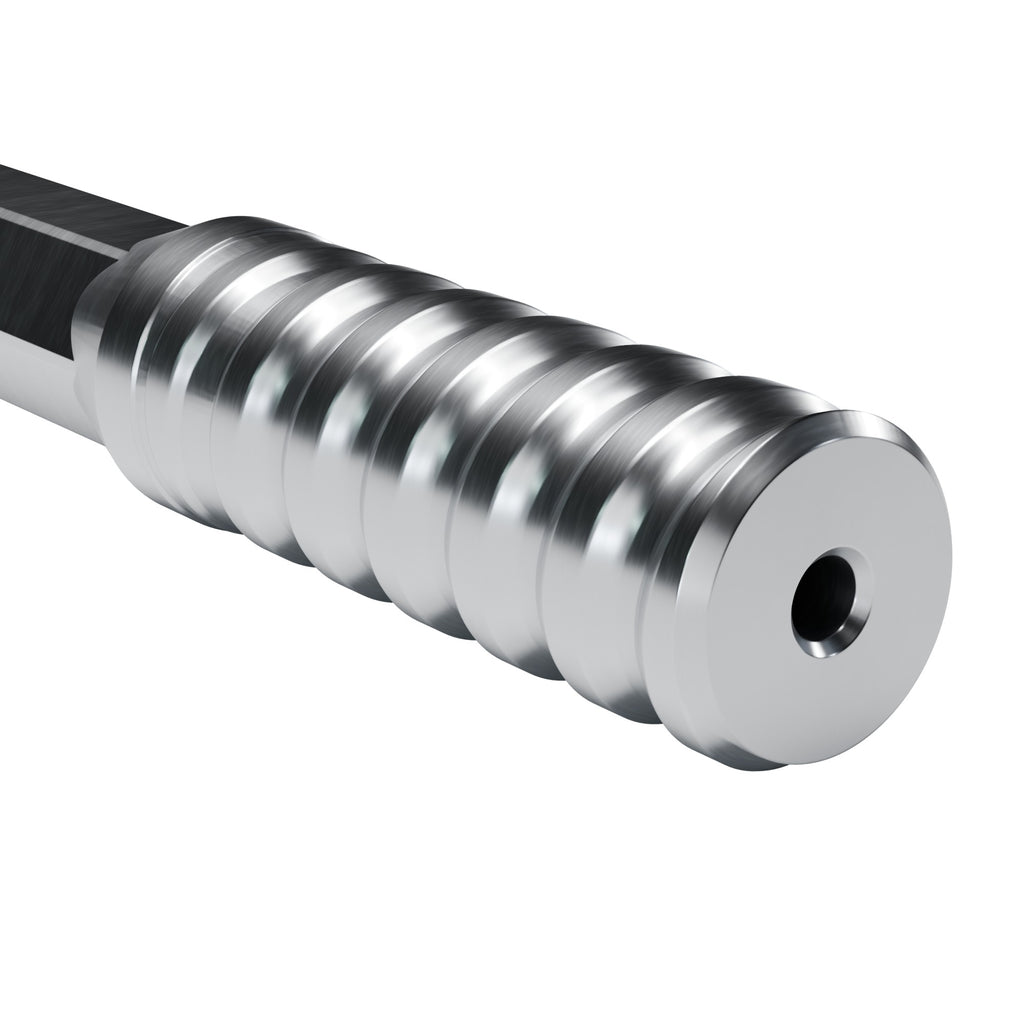 Rockmore R28 drifter rod, T38 drill end on 28 mm hex (render)