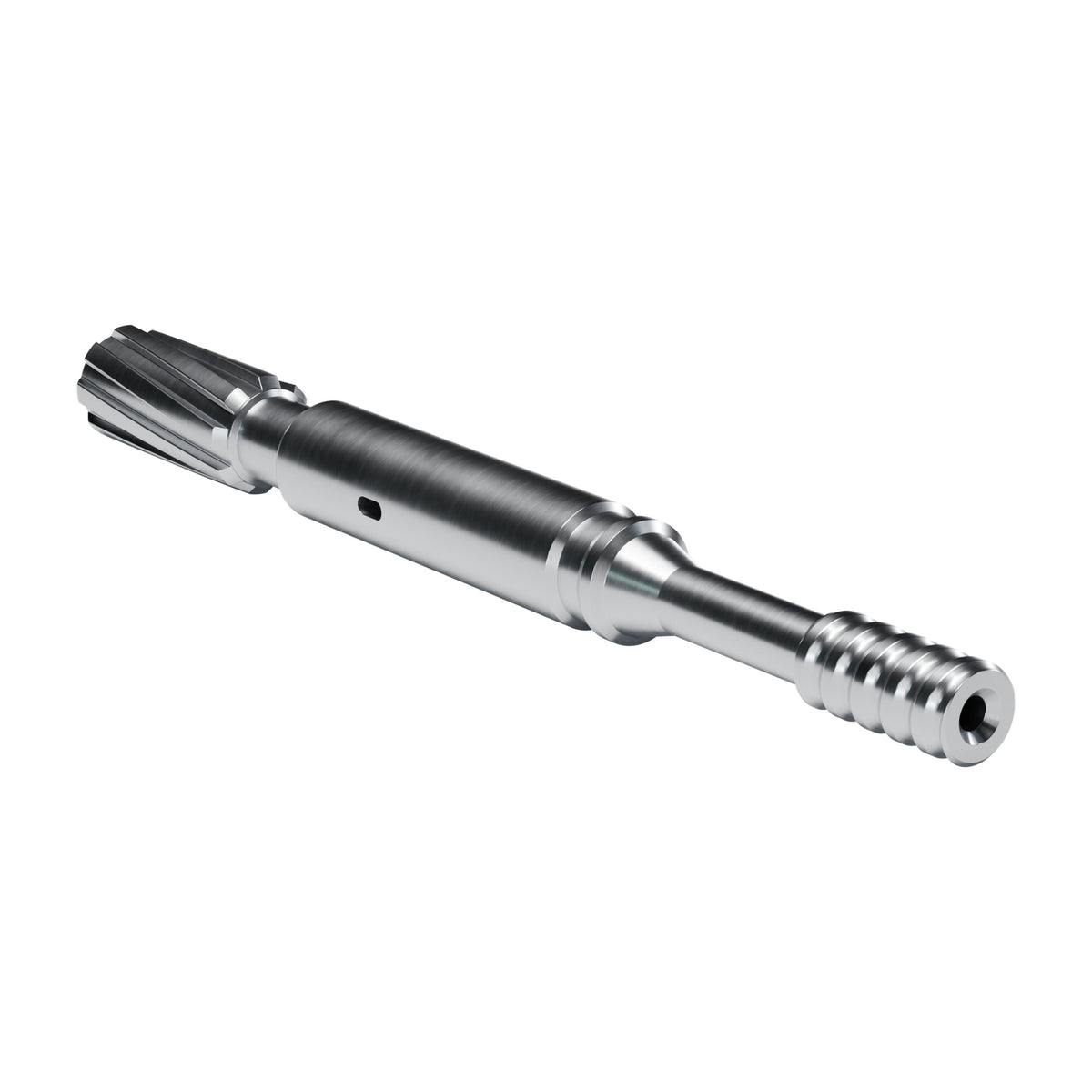 Rockmore shank adapter for Epiroc COP 1240, 1640, SC16, SC19, SC25HF drifters, 8 helical splines, male T38, 565 mm (render)