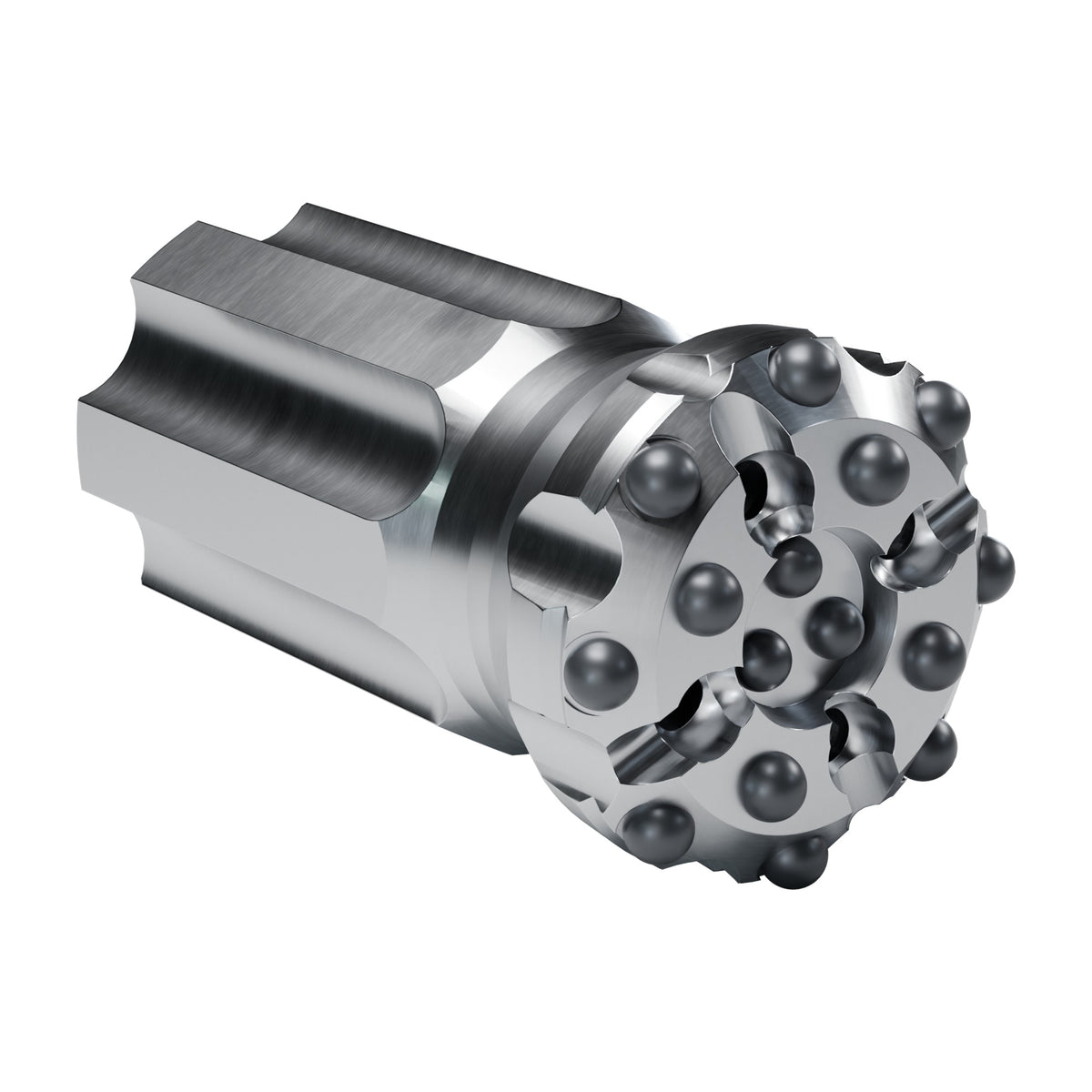 Brunner & Lay B60 button bit, drop centre, retrac, 8 gauge + 4 mid + 3 centre buttons, 4 front flushing holes (render)