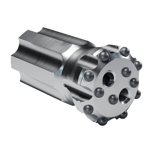 Brunner & Lay B60 button bit, flat face, retrac, 8 gauge + 4 mid buttons, 2 front flushing holes (render)