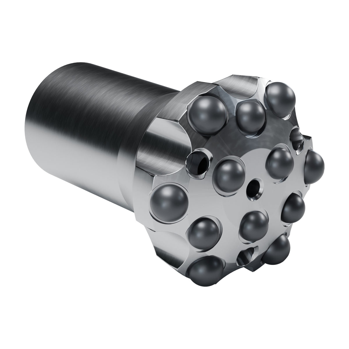 Brunner & Lay R28 button bit, crown, 6 gauge + 3 mid + 3 centre buttons, 4 front flushing holes (render)