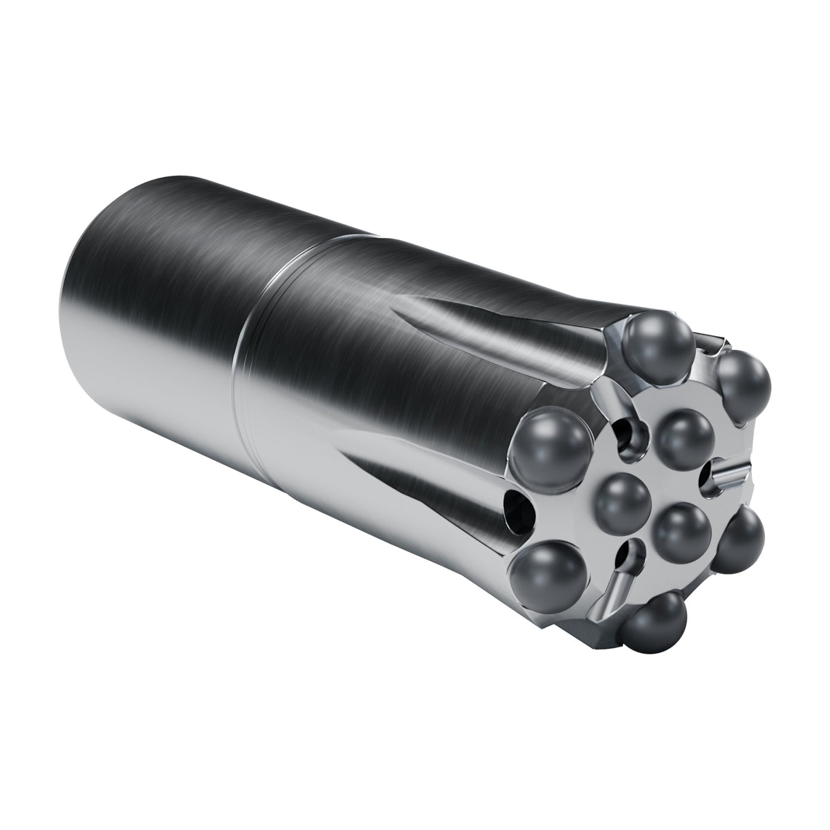 Brunner & Lay R32 button bit, round, face channels, 6 gauge + 3 centre buttons, 3 front flushing holes (render)