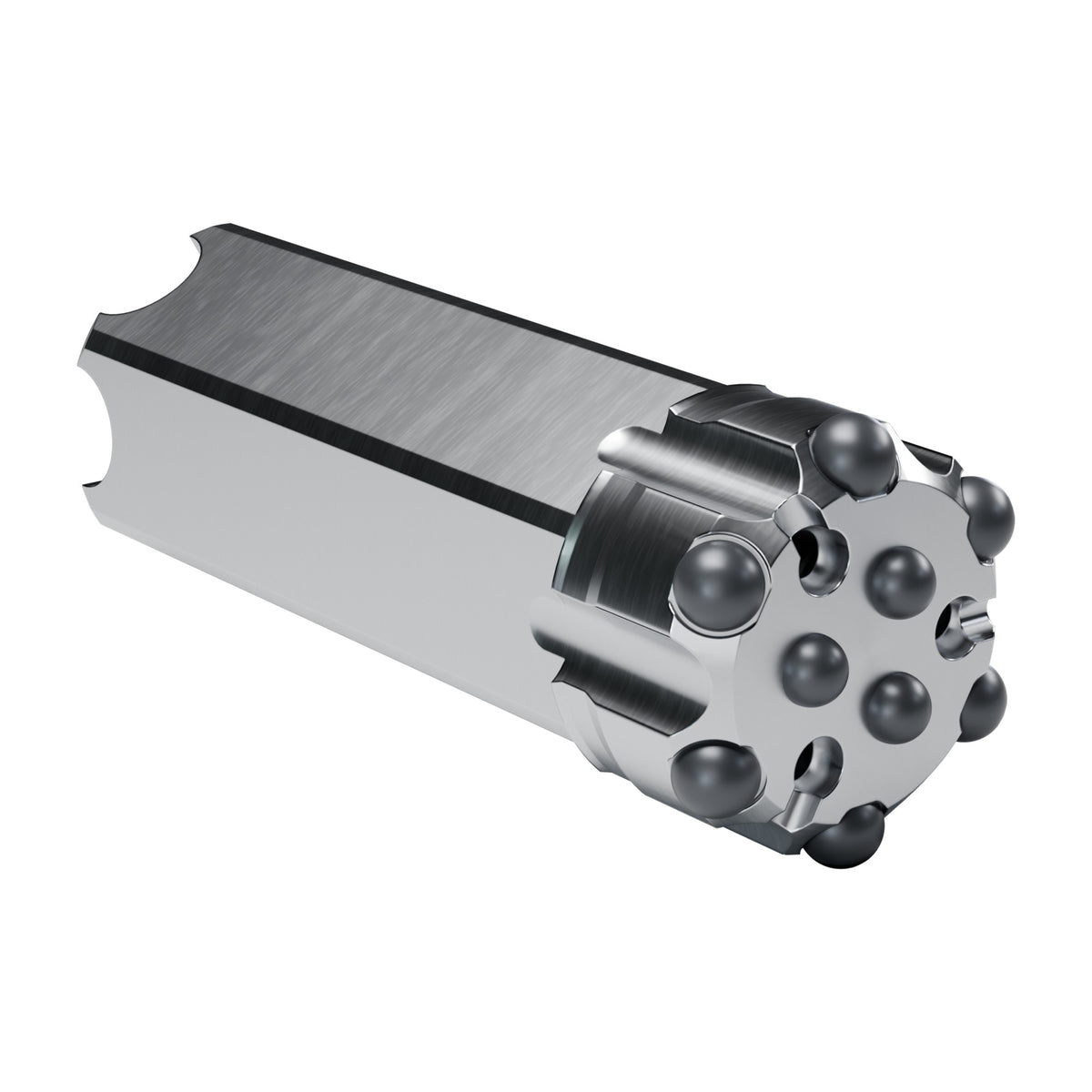 Brunner & Lay R32 button bit, flat face, retrac, 6 gauge + 3 centre buttons, 3 front flushing holes (render)