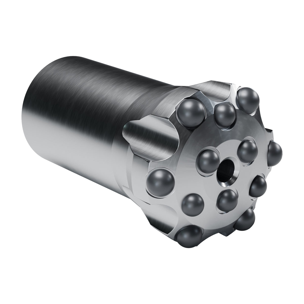 Brunner & Lay T38 button bit, crown, 6 gauge + 3 mid + 3 centre buttons, 1 front flushing hole (render)