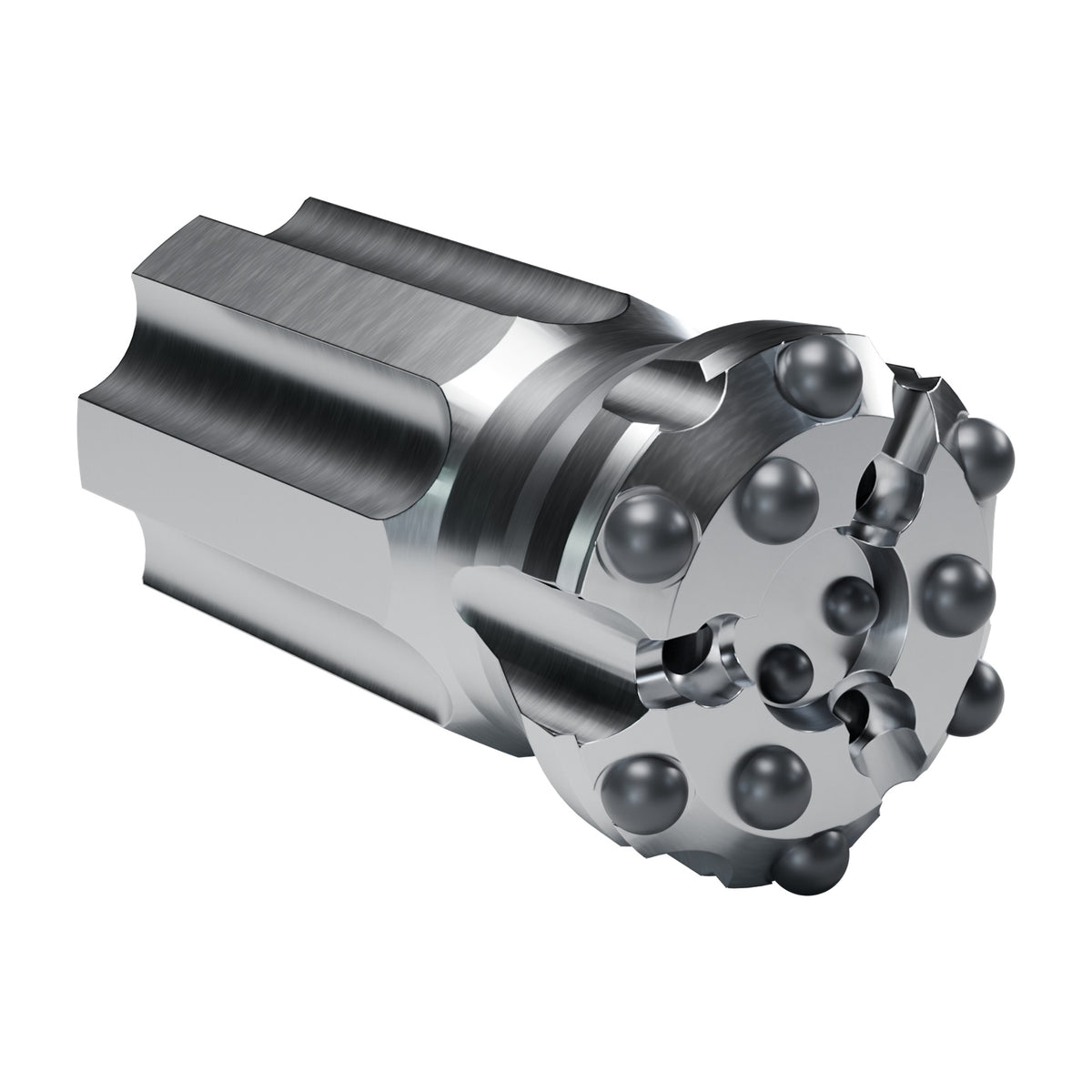 Brunner & Lay T45 button bit, drop centre, retrac, 6 gauge + 3 mid + 2 centre buttons, 3 front flushing holes (render)