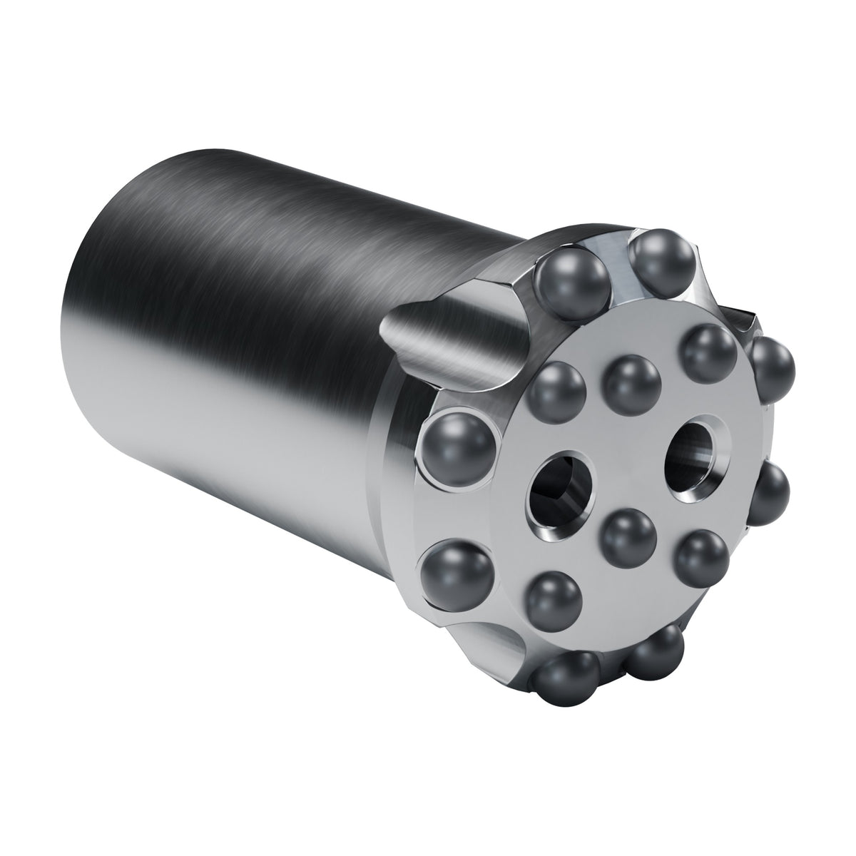 Brunner & Lay T45 button bit, flat face, 8 gauge + 6 mid buttons, 2 front flushing holes (render)