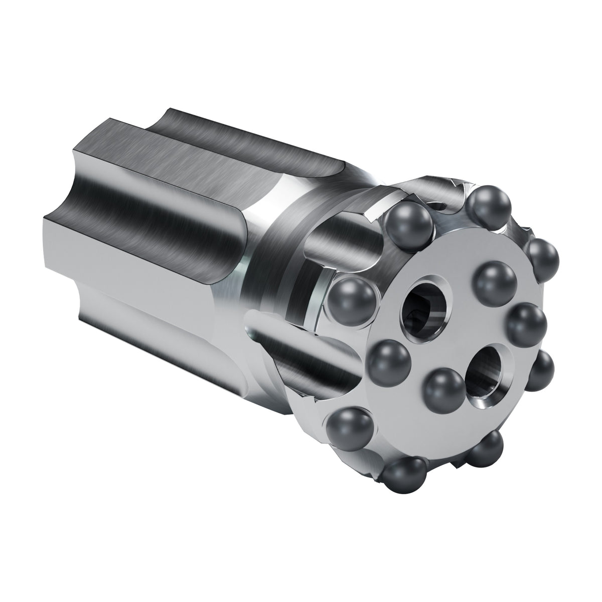 Brunner & Lay T45 button bit, flat face, retrac, 8 gauge + 4 mid buttons, 2 front flushing holes (render)