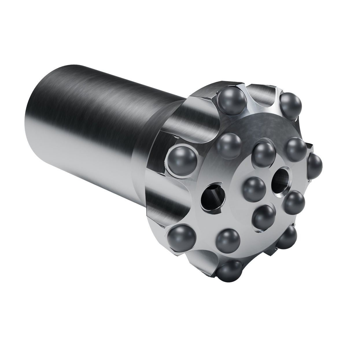 Brunner & Lay T45 button bit, crown, 7 gauge + 4 mid + 3 centre buttons, 2 front flushing holes (render)