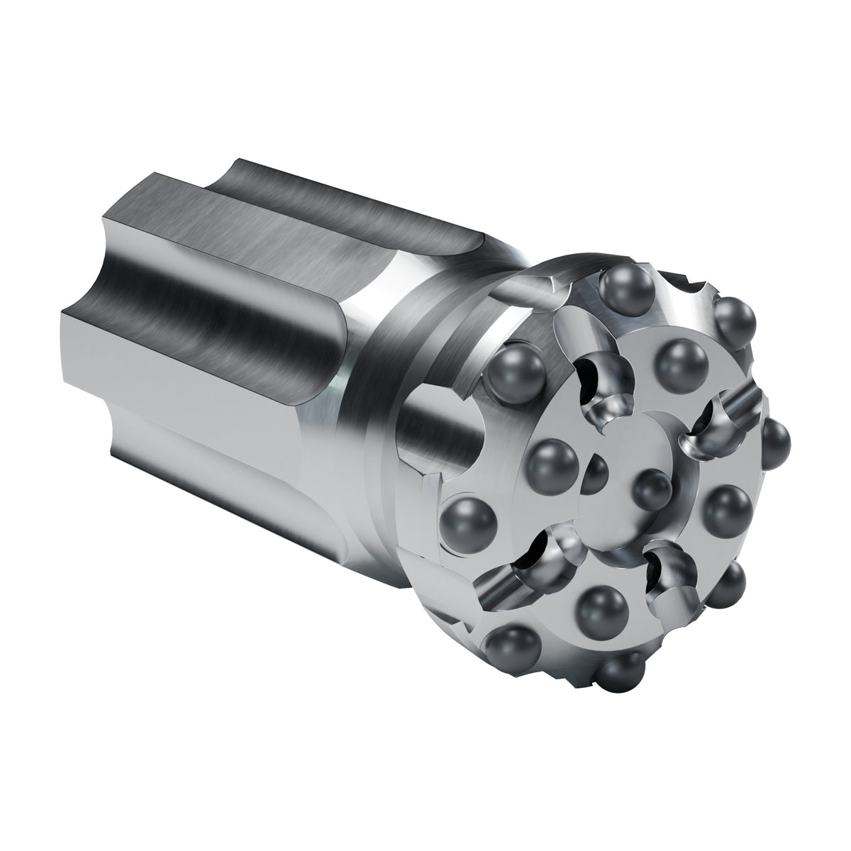 Brunner & Lay T51 button bit, drop centre, retrac, 8 gauge + 4 mid + 2 centre buttons, 4 front flushing holes (render)