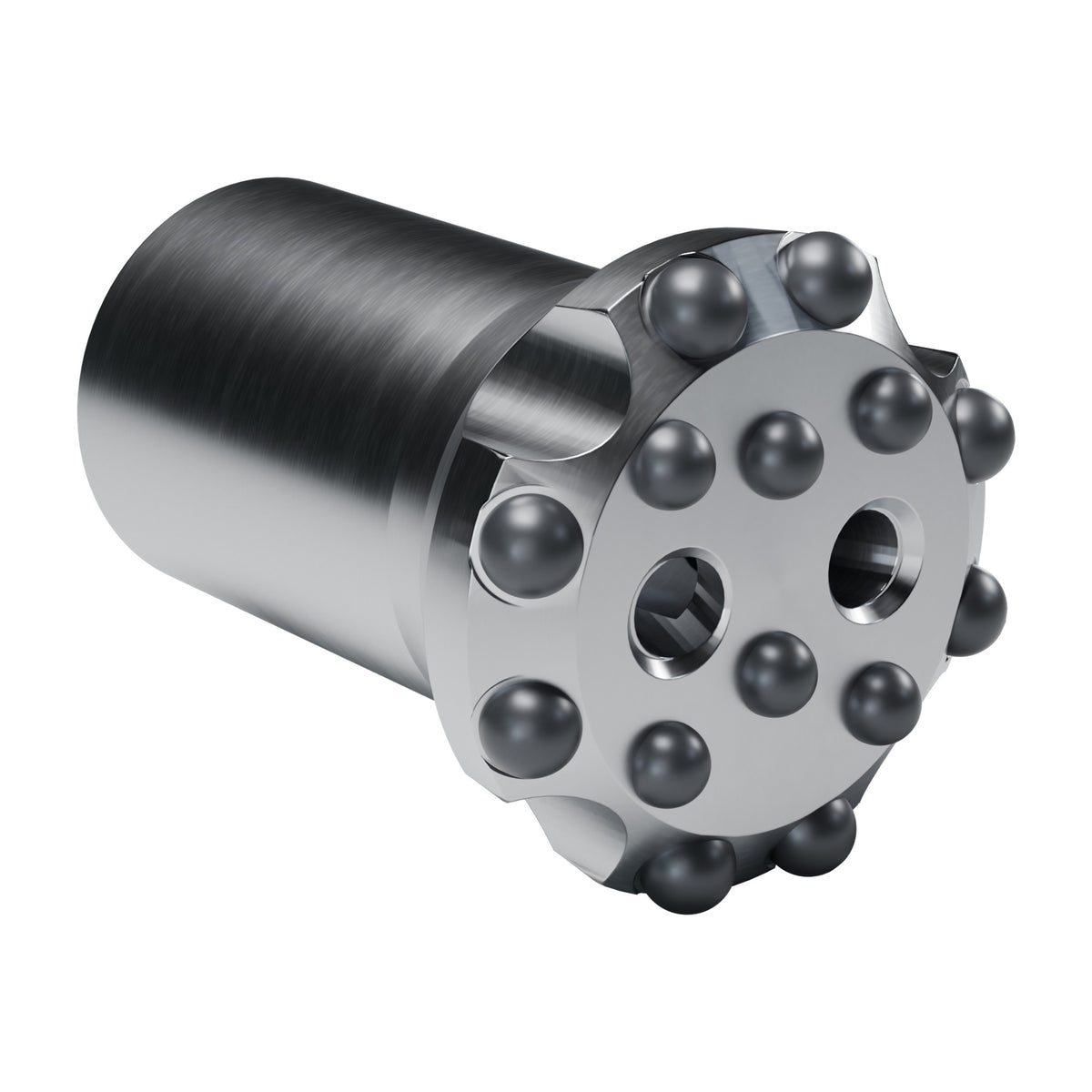 Brunner & Lay T51 button bit, flat face, 8 gauge + 6 mid buttons, 2 front flushing holes (render)