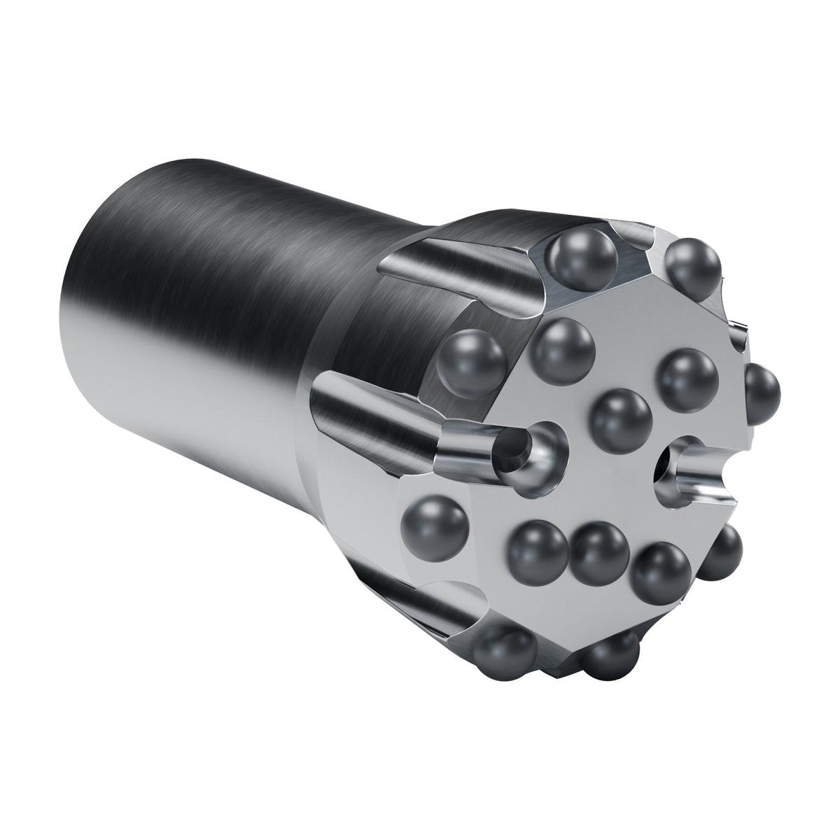 Rockmore GT60 button bit, flat face, 8 gauge + 6 front buttons, 2 front flushing holes (render)