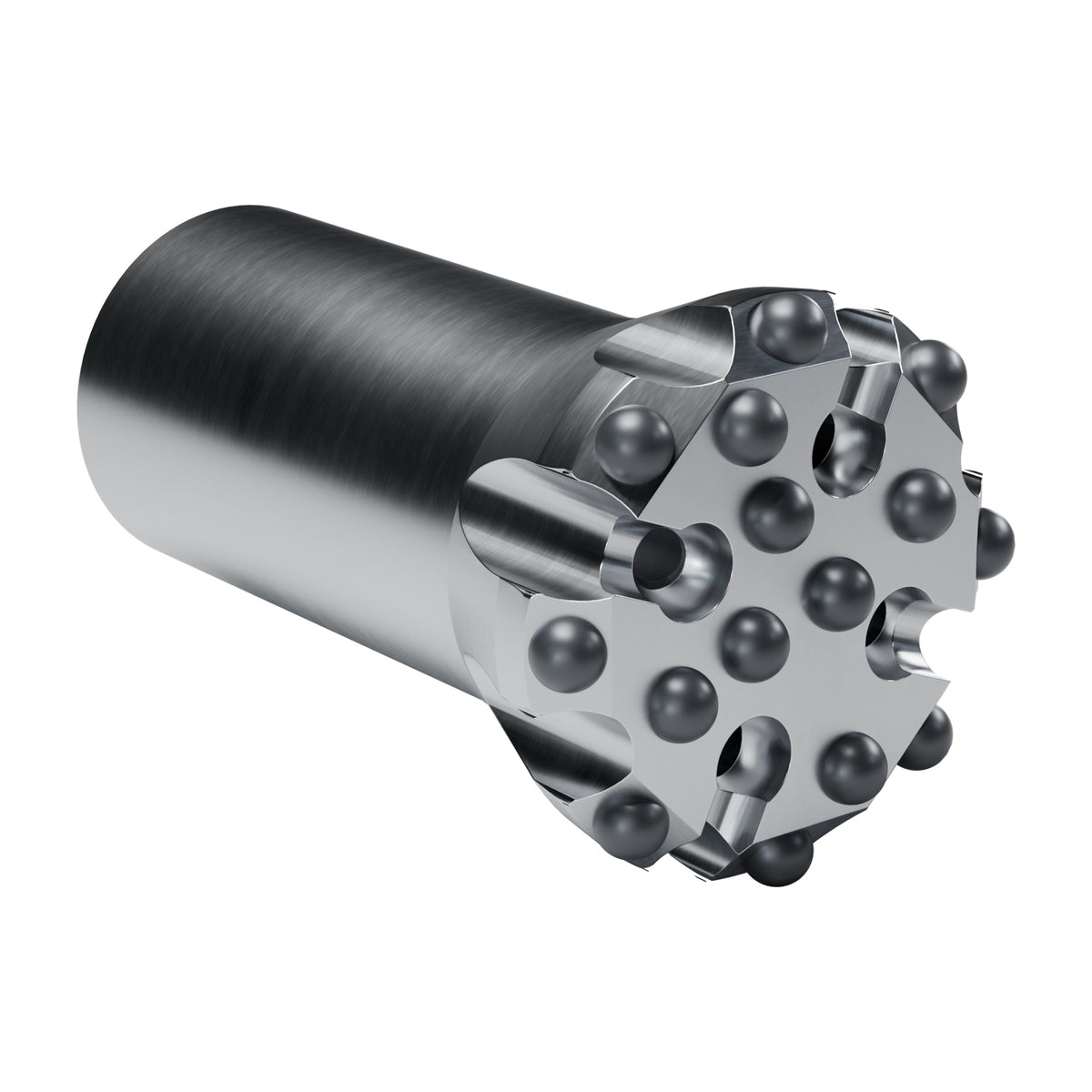 Rockmore GT60 button bit, flat face, 8 gauge + 7 front buttons, 4 front flushing holes (render)