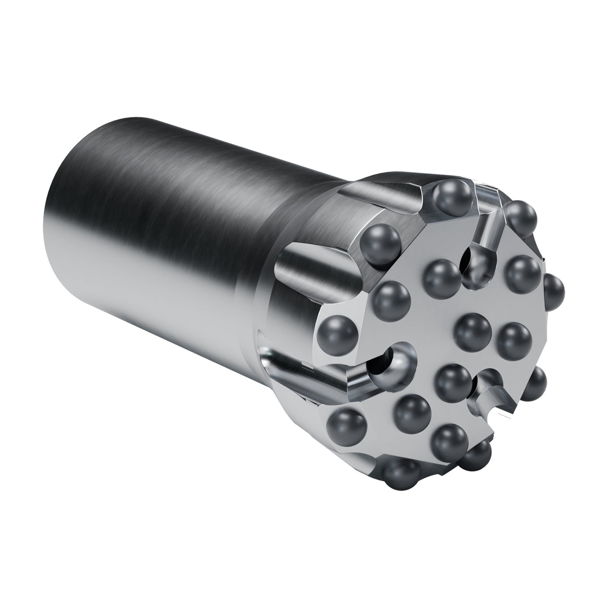 Rockmore GT60 button bit, flat face, 9 gauge + 8 front buttons, 3 front flushing holes (render)