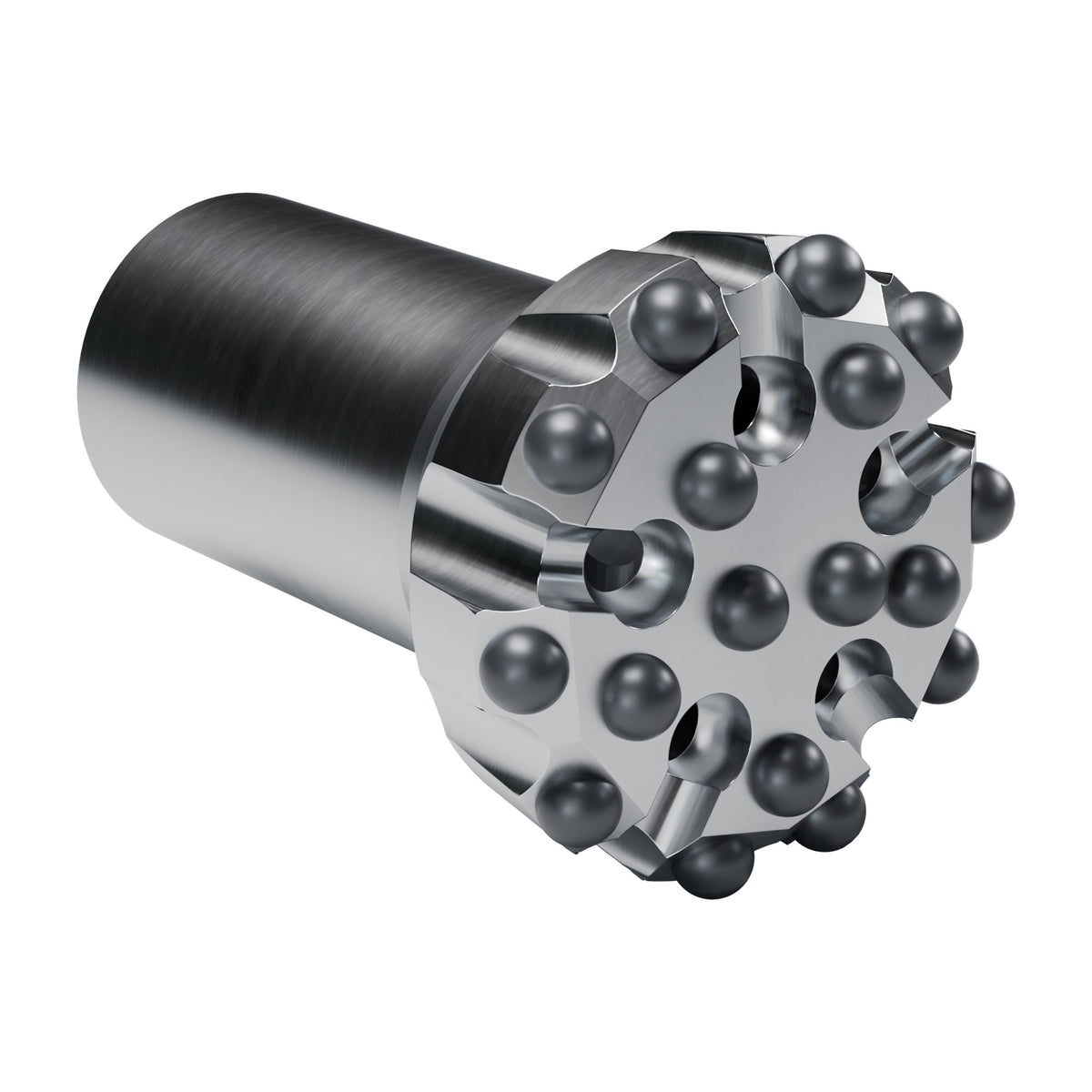 Rockmore GT60 button bit, flat face, Starflow, 10 gauge + 7 front buttons, 5 front flushing holes (render)