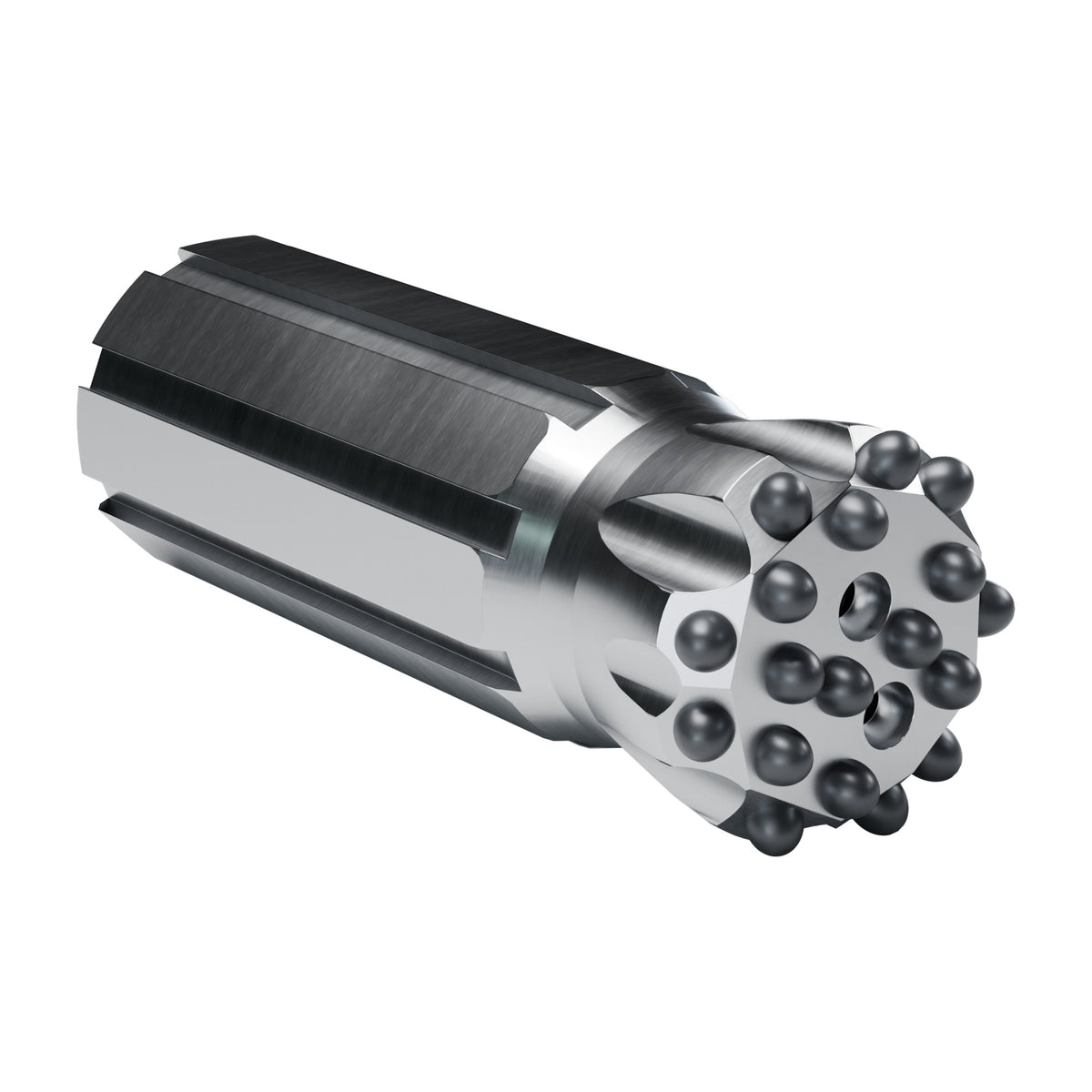 Rockmore GT60 button bit, flat face retrac, 9 gauge + 9 front buttons, 2 front flushing holes (render)