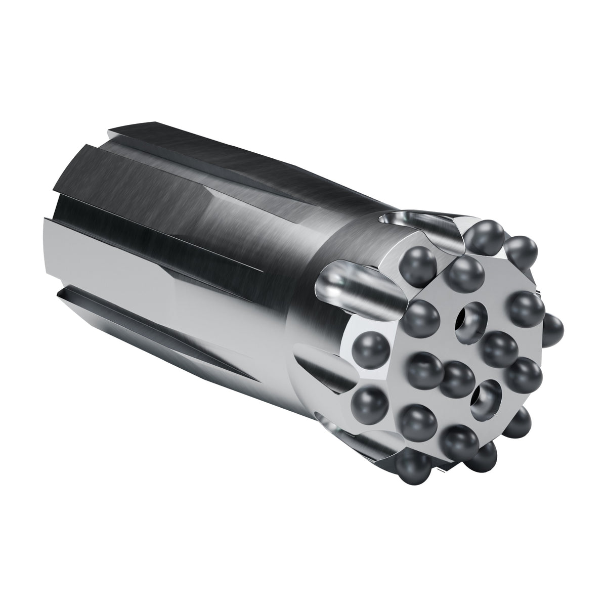Rockmore GT60 button bit, flat face XTRAC, 9 gauge + 9 front buttons, 2 front flushing holes (render)