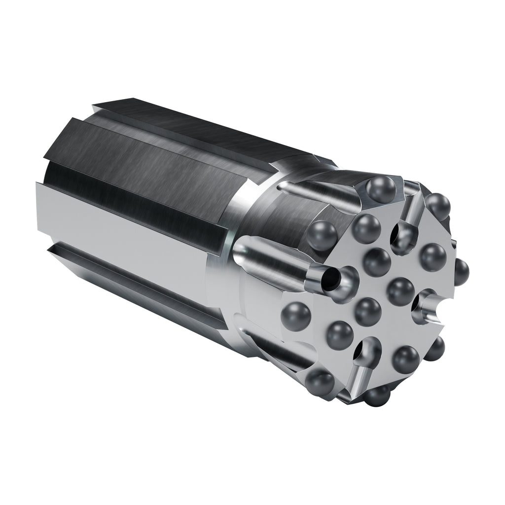 Rockmore GT60 button bit, flat face retrac, 8 gauge + 7 front buttons, 4 front flushing holes (render)