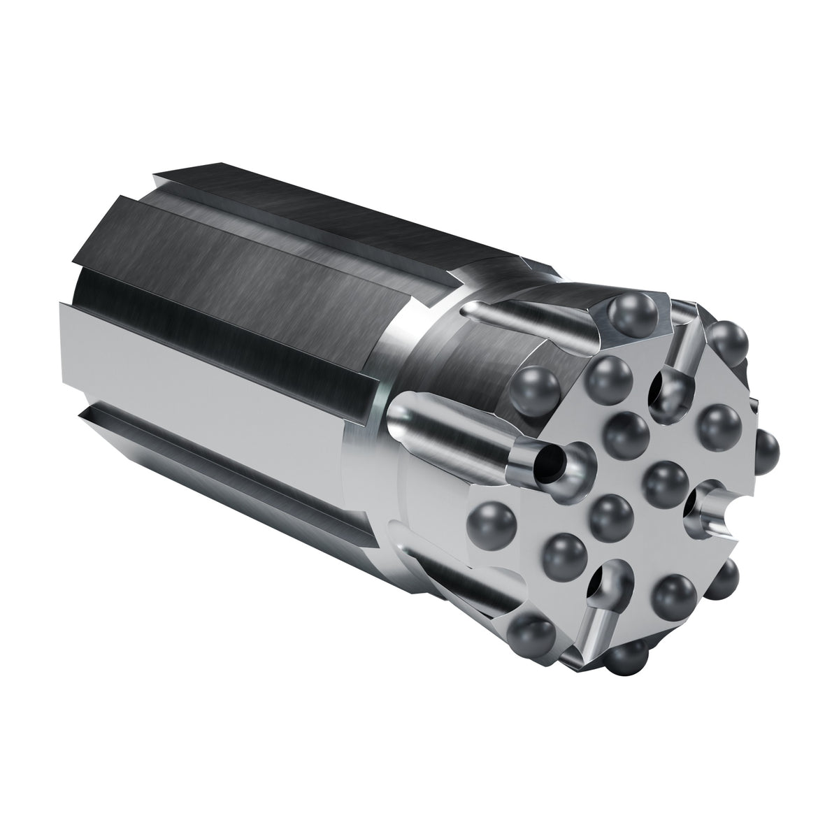 Rockmore GT60 button bit, flat face retrac, 8 gauge + 7 front buttons, 4 front flushing holes (render)