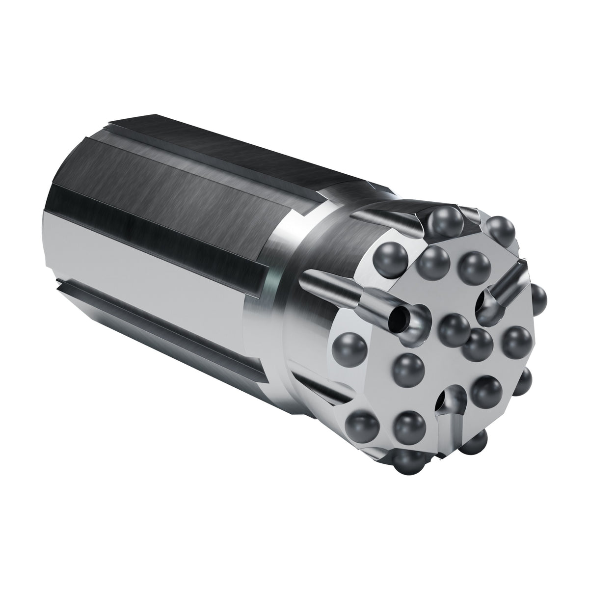 Rockmore GT60 button bit, flat face retrac, 9 gauge + 8 front buttons, 3 front flushing holes (render)