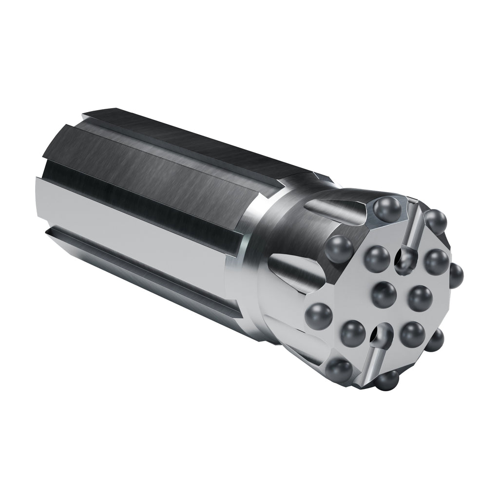Rockmore GT60 button bit, flat face retrac, 8 gauge + 6 front buttons, 2 front flushing holes (render)