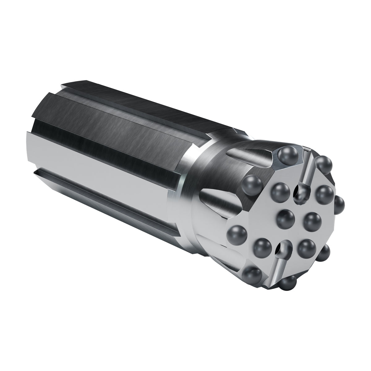 Rockmore GT60 button bit, flat face retrac, 8 gauge + 6 front buttons, 2 front flushing holes (render)