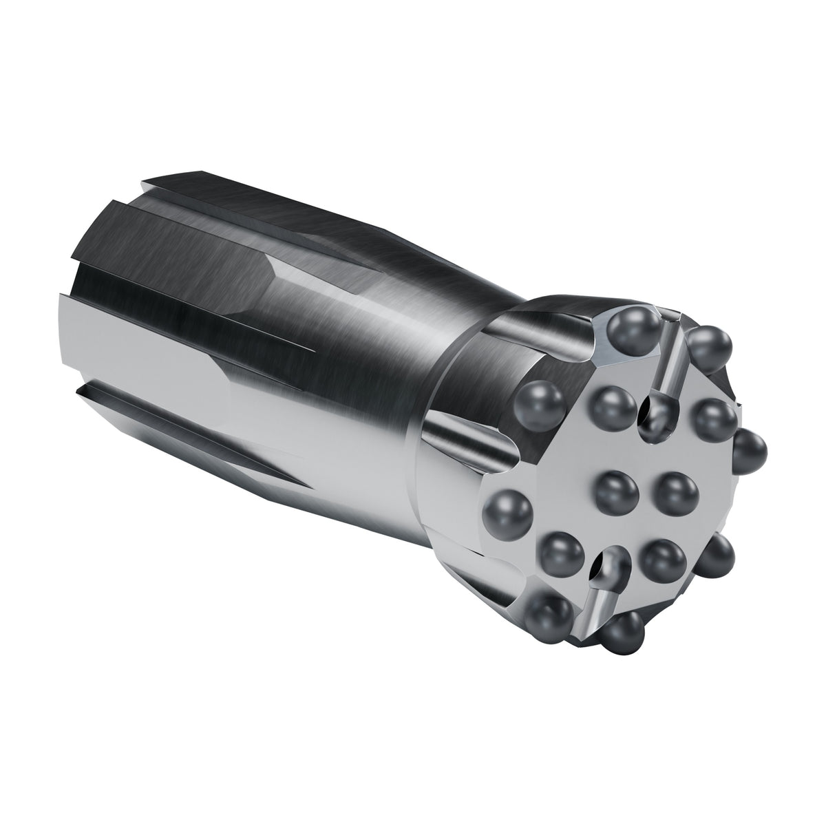 Rockmore GT60 button bit, flat face XTRAC, 8 gauge + 6 front buttons, 2 front flushing holes (render)
