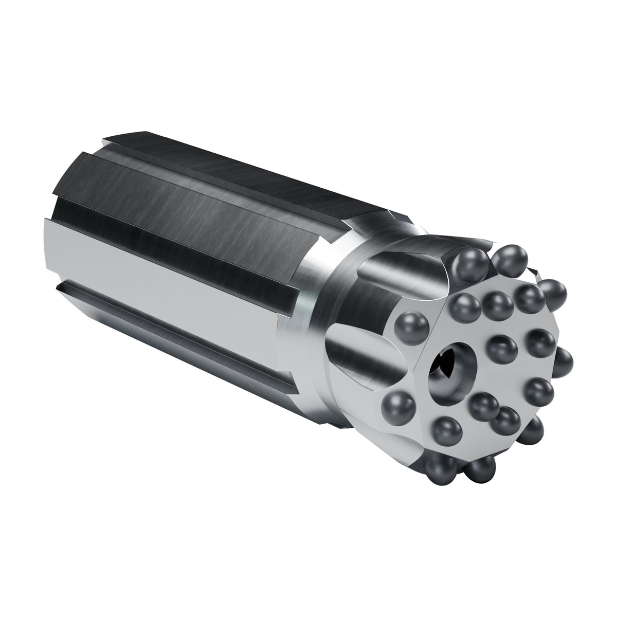 Rockmore GT60 button bit, flat face retrac, 9 gauge + 9 front buttons, 1 front flushing hole (render)