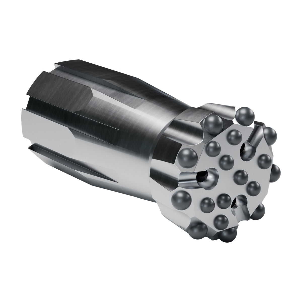 Rockmore GT60 button bit, flat face XTRAC, 9 gauge + 9 front buttons, 3 front flushing holes (render)