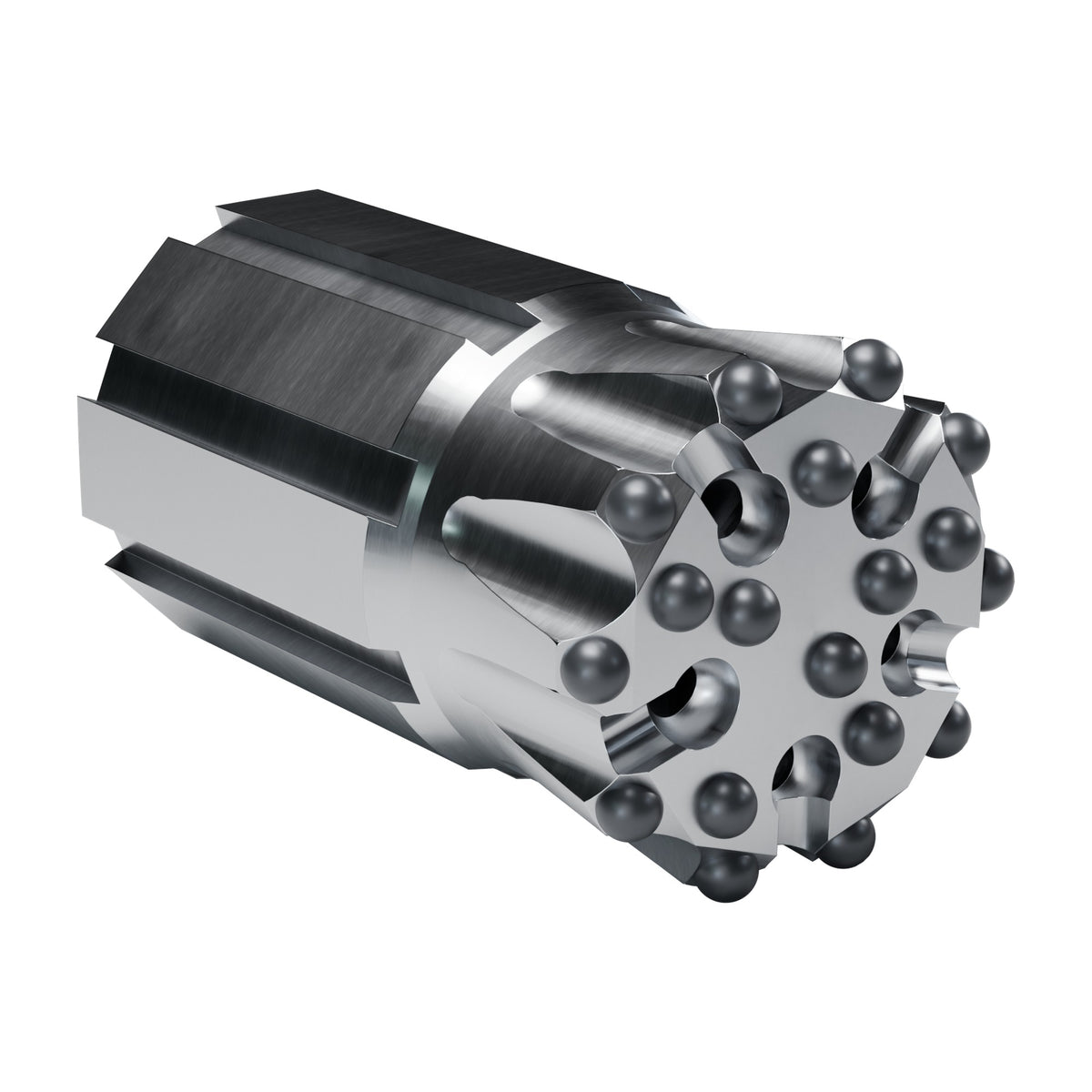 Rockmore GT60 button bit, flat face, Starflow, retrac, 10 gauge + 8 front buttons, 5 front flushing holes (render)