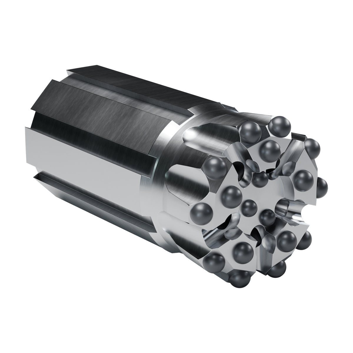 Rockmore GT60 button bit, drop centre, Starflow, retrac, 10 gauge + 5 front + 3 centre buttons, 5 front flushing holes (render)