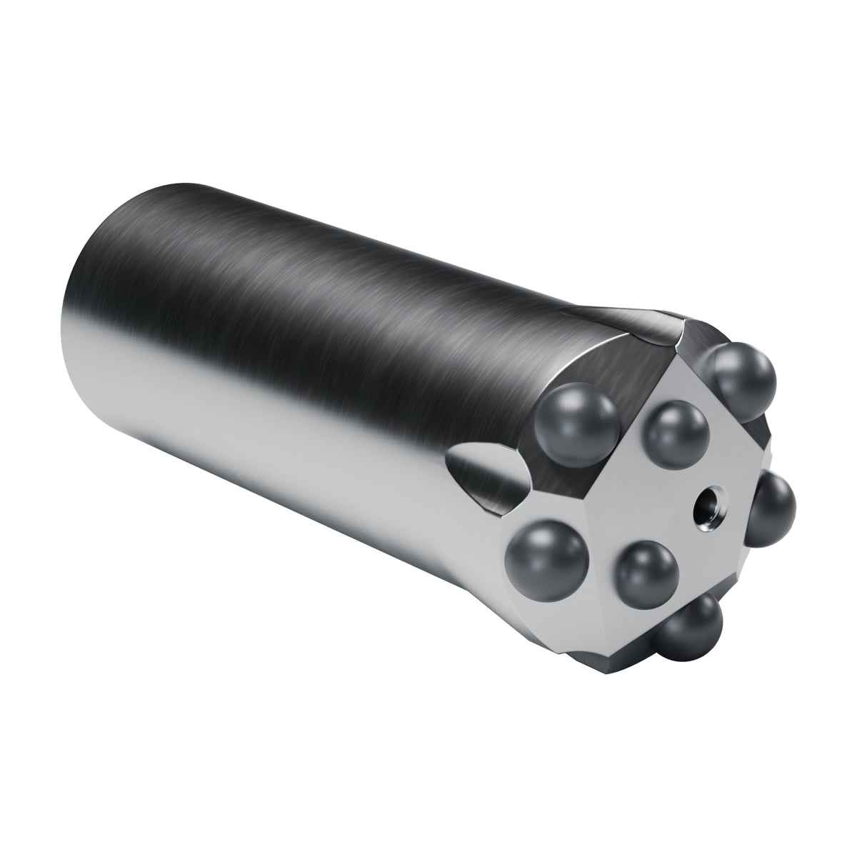 Rockmore R25 button bit, B2 design, 5 gauge + 2 front buttons, 1 front flushing hole (render)