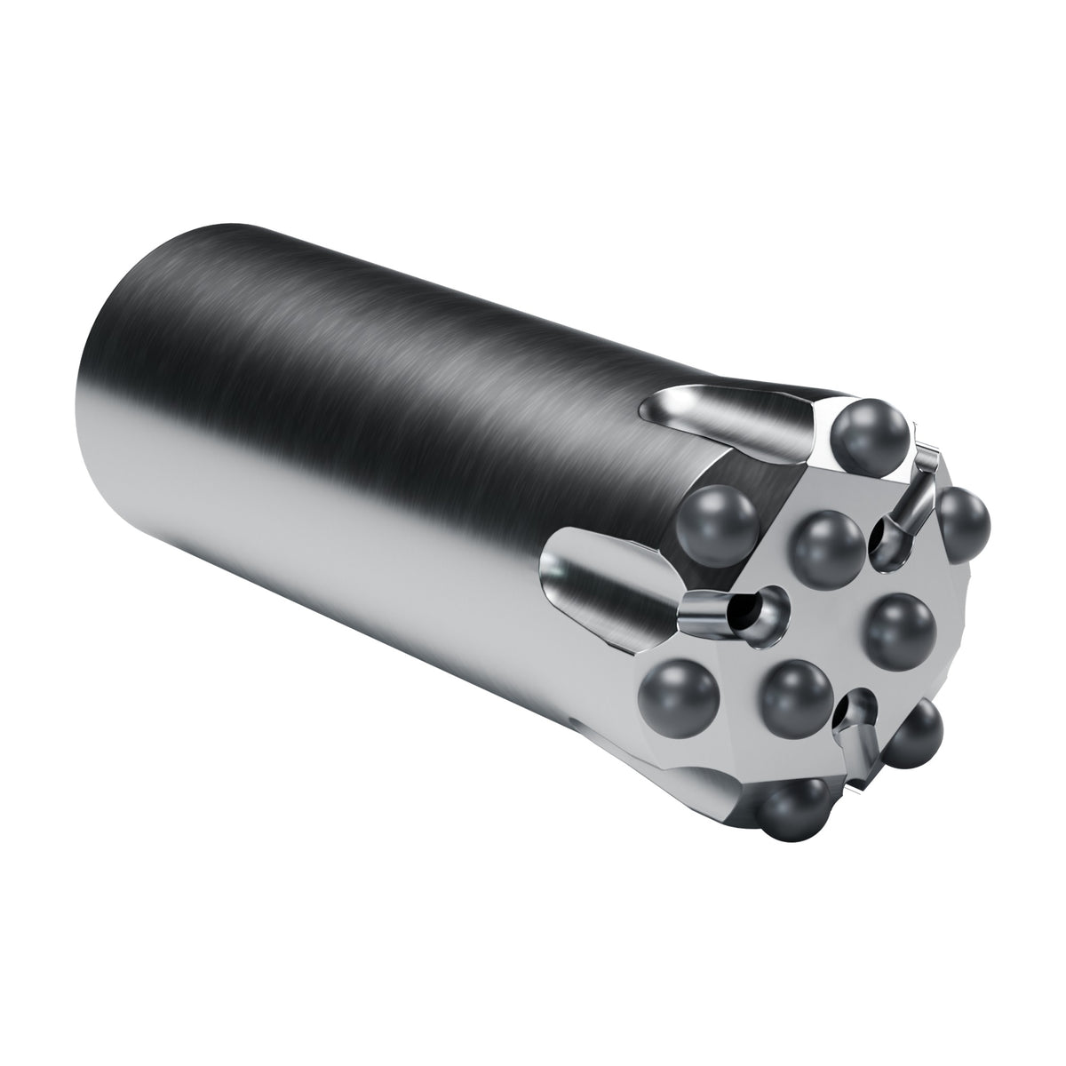 Rockmore R25 button bit, B3 design, 6 gauge + 3 front buttons, 3 front flushing holes (render)
