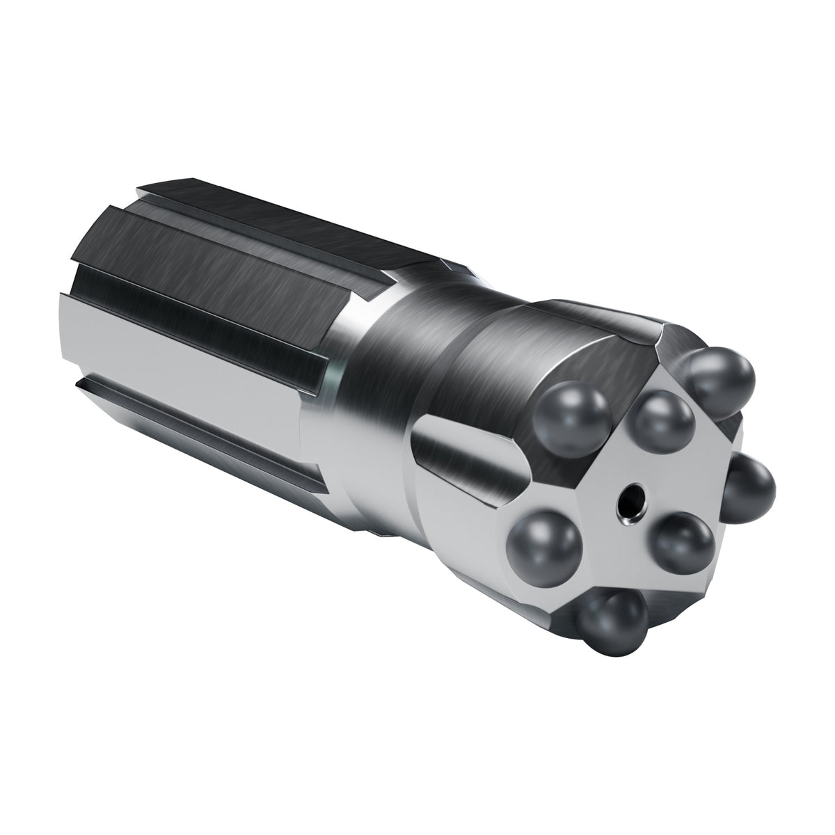Rockmore R25 button bit, flat face retrac, 5 gauge + 2 front buttons, 1 front flushing hole (render)