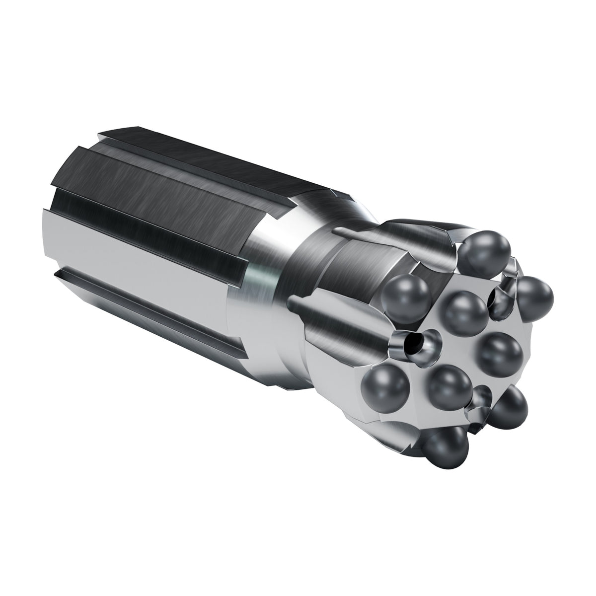 Rockmore R25 button bit, flat face retrac, 6 gauge + 3 front buttons, 3 front flushing holes (render)