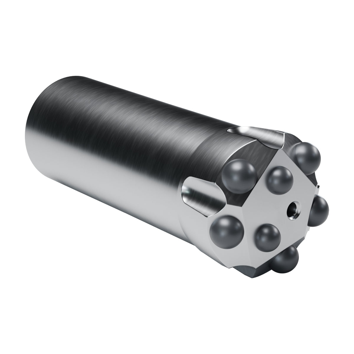 Rockmore R28 button bit, B2 design, 5 gauge + 2 front buttons, 1 front flushing hole (render)