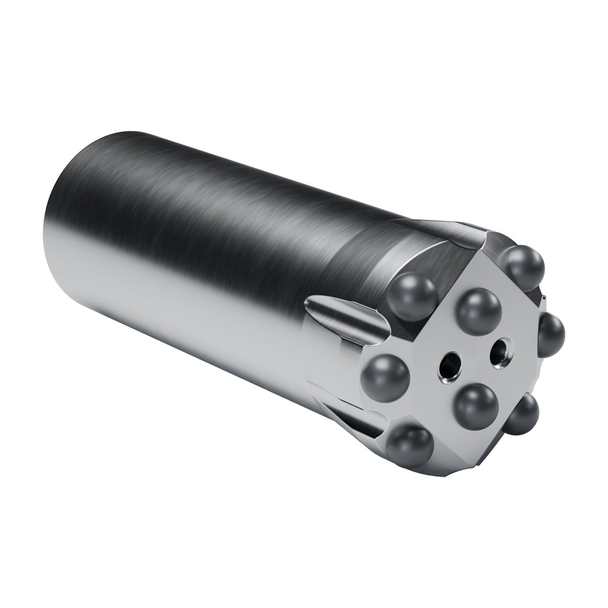 Rockmore R28 button bit, B design, 6 gauge + 2 front buttons, 2 front flushing holes (render)