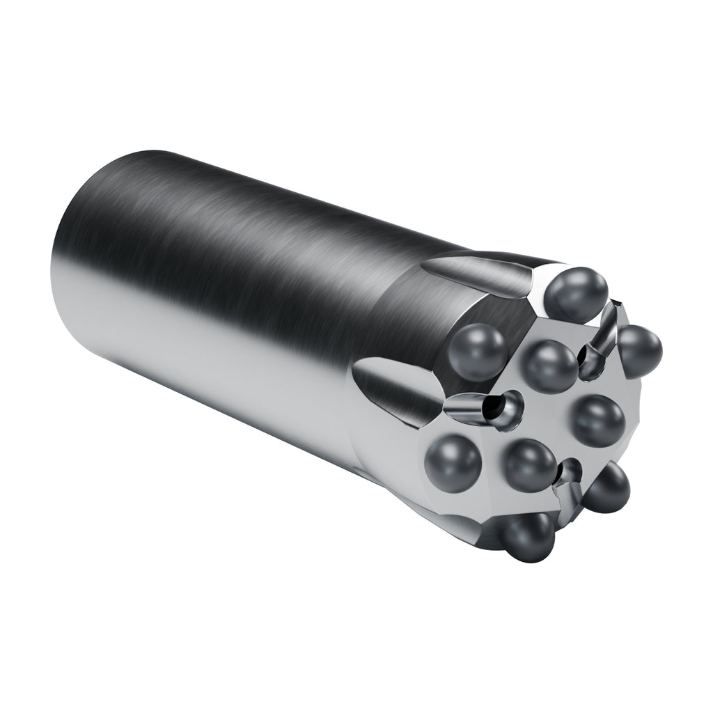 Rockmore R32 button bit, B3 design, 6 gauge + 3 front buttons, 3 front flushing holes (render)