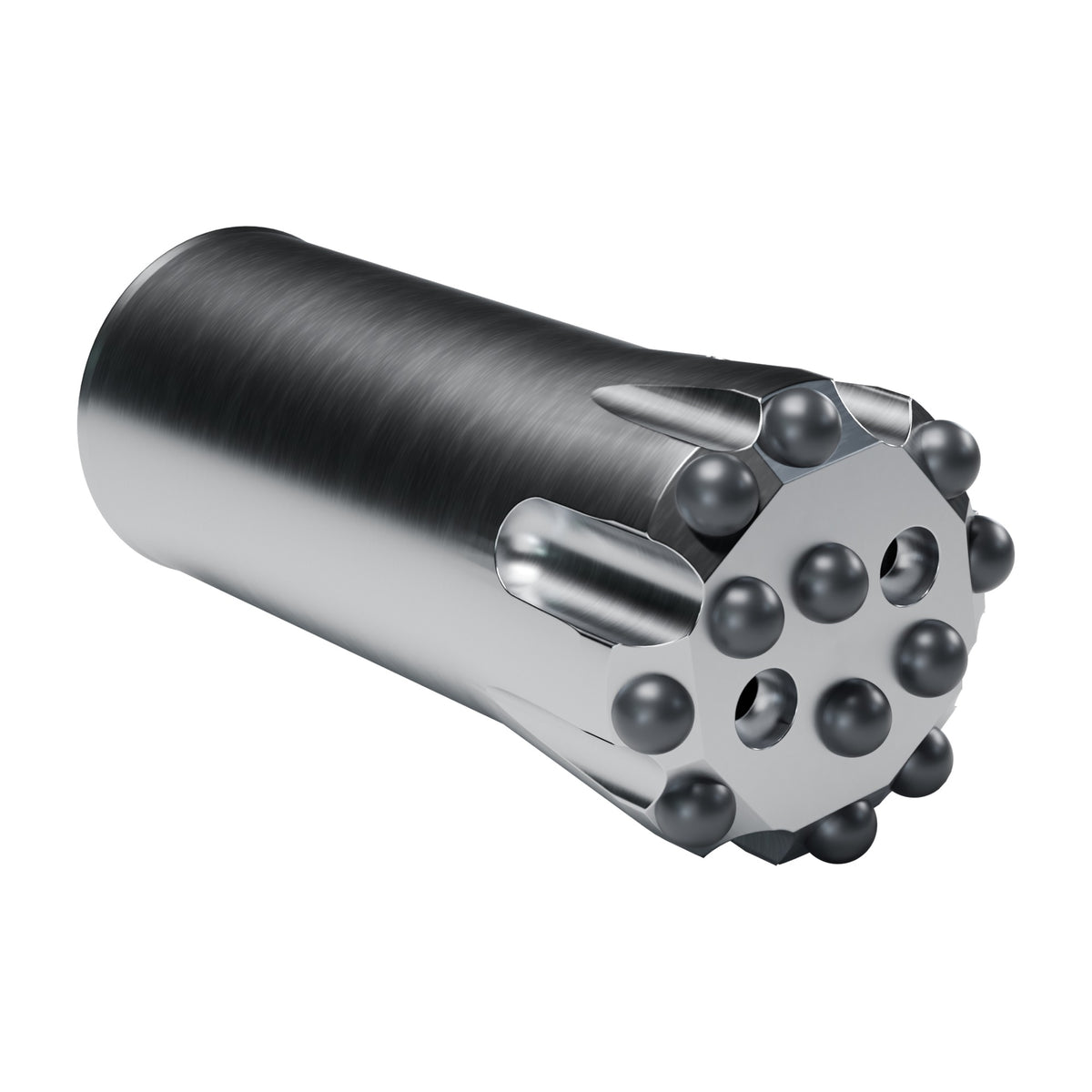 Rockmore R32 button bit, flat face, 8 gauge + 4 front buttons, 2 front flushing holes (render)