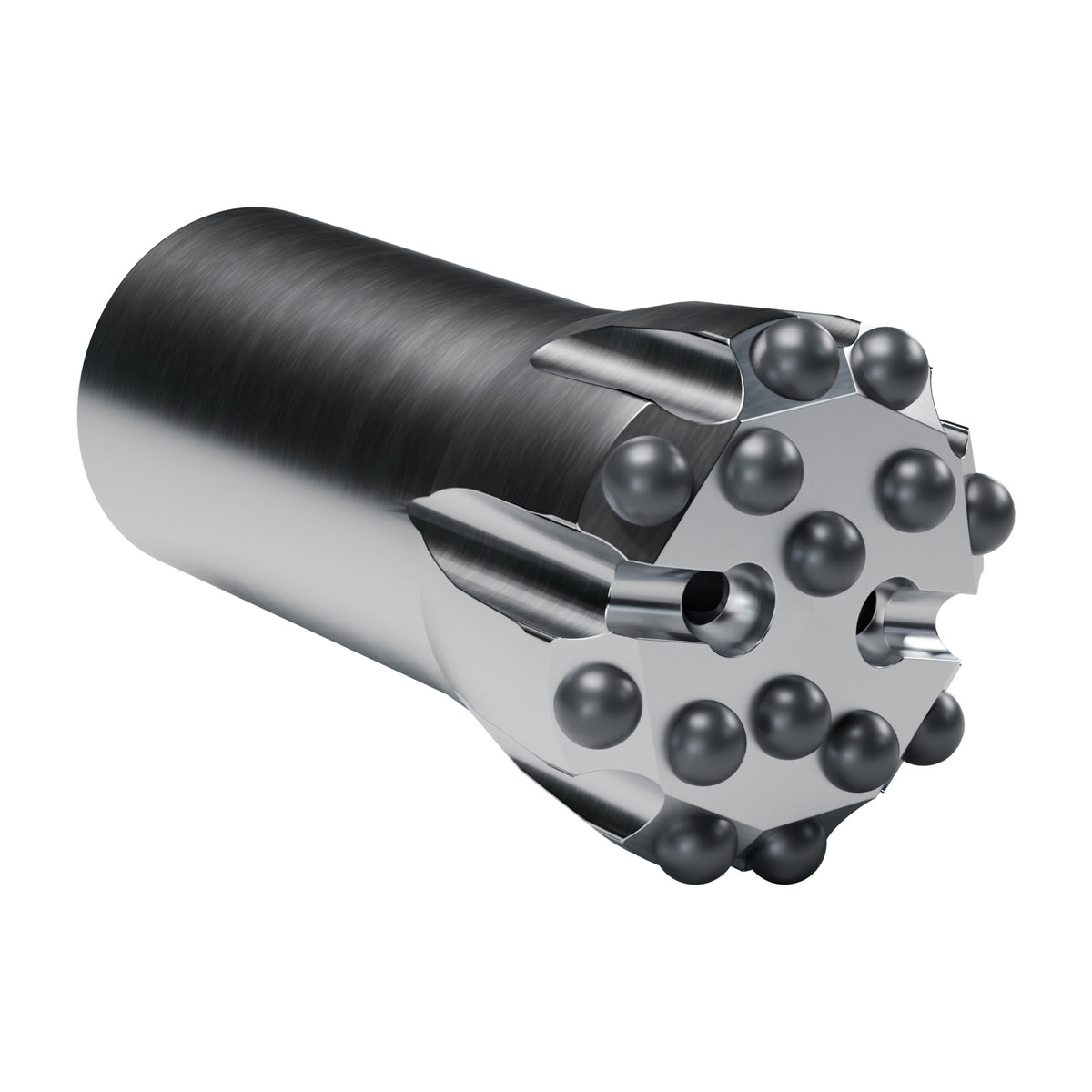 Rockmore R32 button bit, flat face, 8 gauge + 6 front buttons, 2 front flushing holes (render)