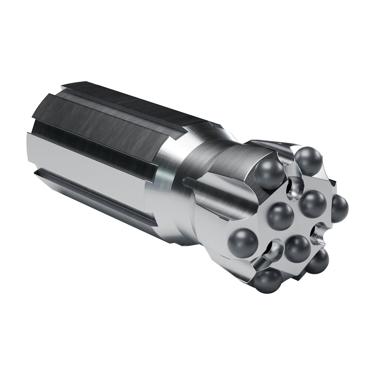 Rockmore R32 button bit, flat face retrac, 6 gauge + 3 front buttons, 3 front flushing holes (render)