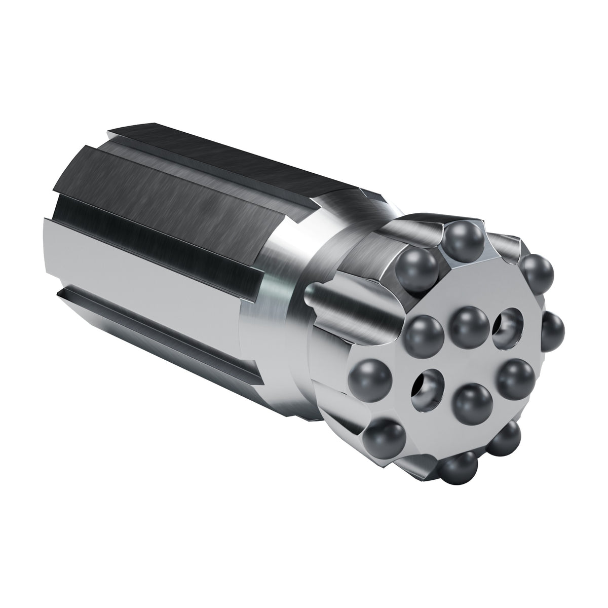 Rockmore R32 button bit, flat face retrac, 8 gauge + 4 front buttons, 2 front flushing holes (render)