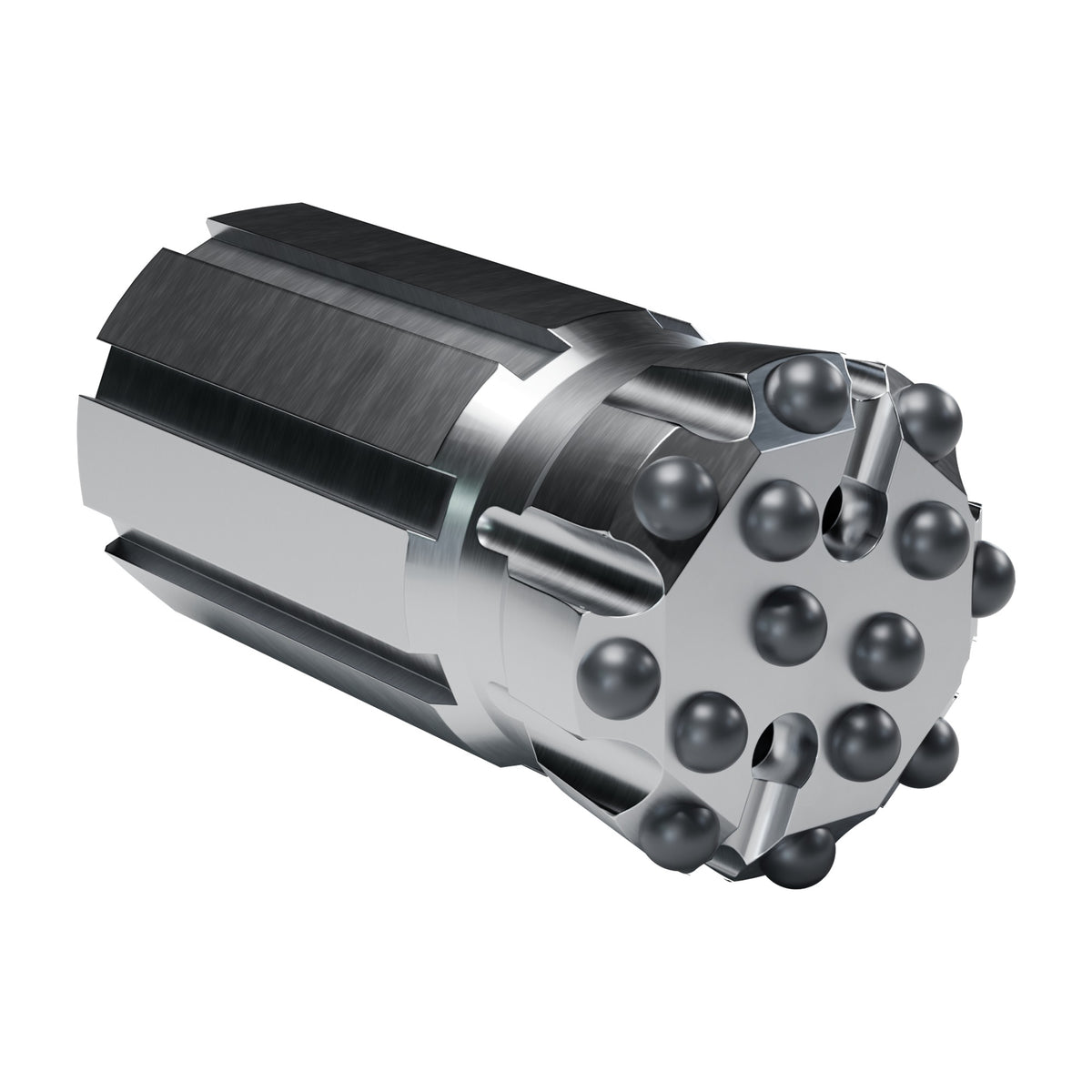 Rockmore R32 button bit, flat face retrac, 8 gauge + 6 front buttons, 2 front flushing holes (render)
