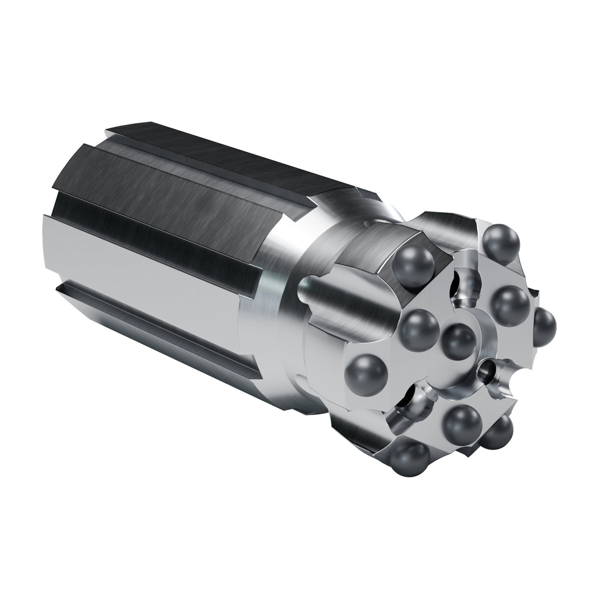Rockmore R32 button bit, drop centre retrac, 6 gauge + 3 front + 1 centre buttons, 3 front flushing holes (render)