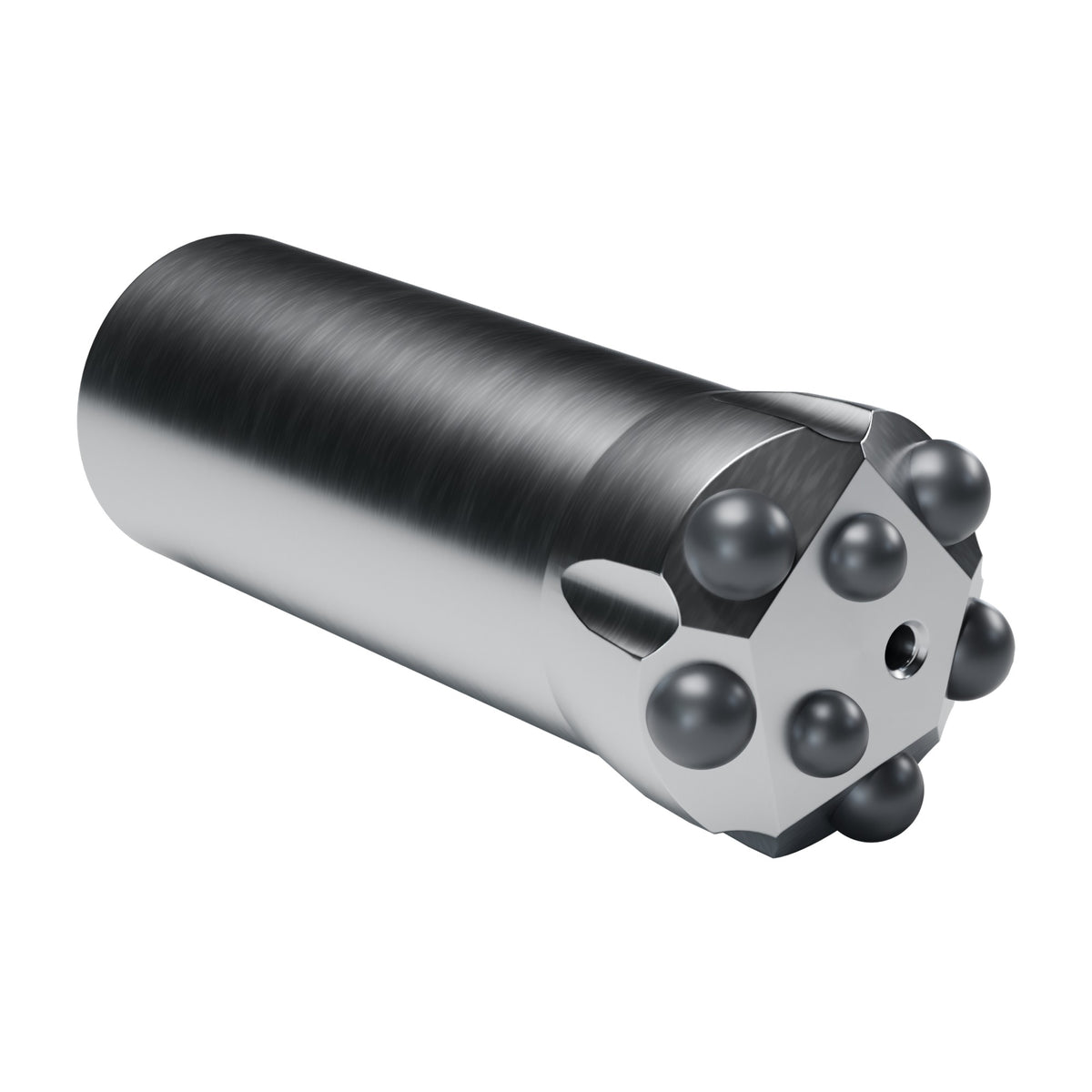 Rockmore R35 button bit, B2 design, 5 gauge + 2 front buttons, 1 front flushing hole (render)