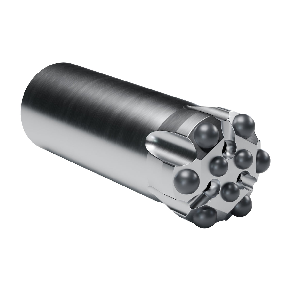 Rockmore R35 button bit, B6 design, 6 gauge + 3 front buttons, 3 front flushing holes (render)